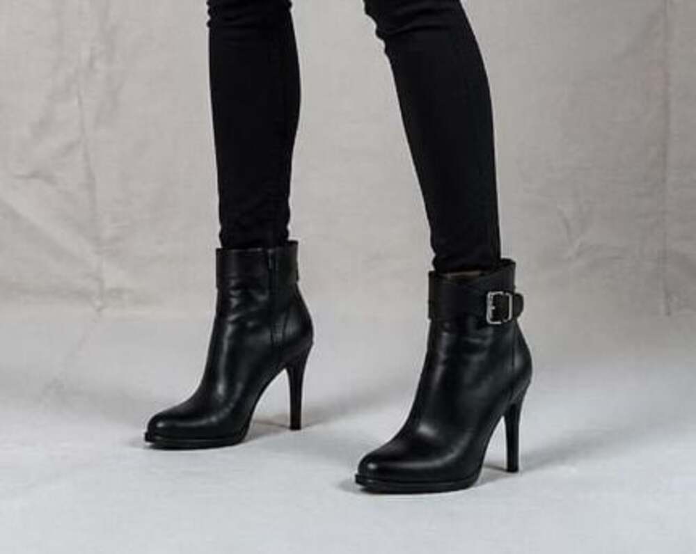 Ibiza Black Leather Buckle Stiletto Ankle Booties
